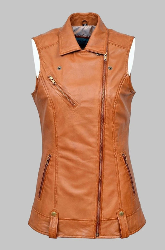 Tan Real Nappa Leather Vest for Women Luxury Biker Waistcoat