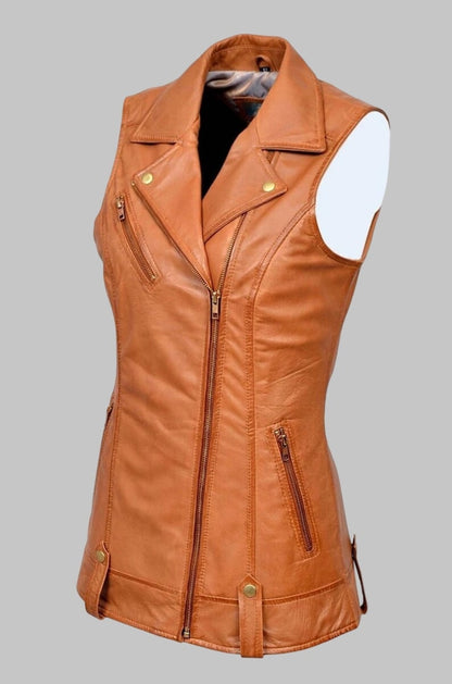 Tan Real Nappa Leather Vest for Women Luxury Biker Waistcoat