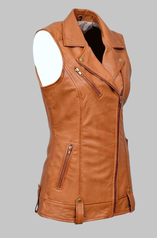 Tan Real Nappa Leather Vest for Women Luxury Biker Waistcoat