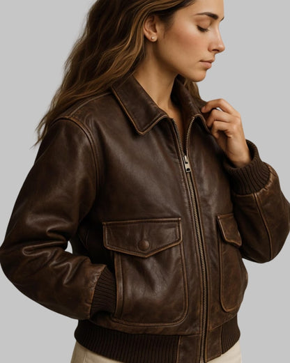 Women Leather Bomber Jacket Vintage Aviator Style Handmade in Full-Grain, Top-Grain & Genuine Leather