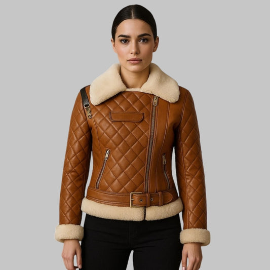 Women Brown Quilted Leather Jacket with Shearling Trim – Real Lambskin Biker Style