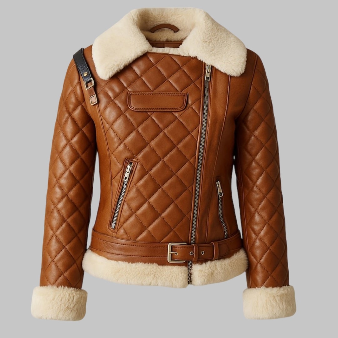 Women Brown Quilted Leather Jacket with Shearling Trim – Real Lambskin Biker Style