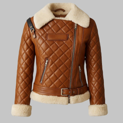 Women Brown Quilted Leather Jacket with Shearling Trim – Real Lambskin Biker Style