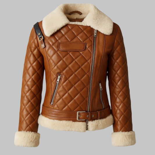 Women Brown Quilted Leather Jacket with Shearling Trim – Real Lambskin Biker Style