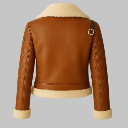 Women Brown Quilted Leather Jacket with Shearling Trim – Real Lambskin Biker Style