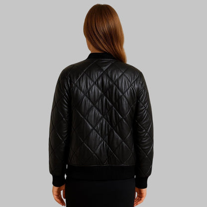 Women Black Quilted Leather Bomber Jacket – Real Leather Stylish Outerwear