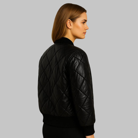 Women Black Quilted Leather Bomber Jacket – Real Leather Stylish Outerwear