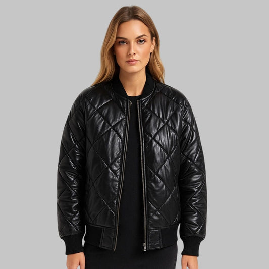 Women Black Quilted Leather Bomber Jacket – Real Leather Stylish Outerwear