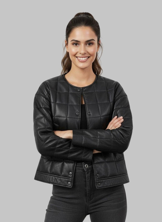 Women Black Quilted Leather Jacket – Short Crop Style Lightweight Outerwear