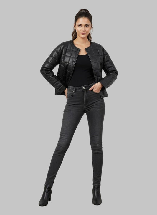 Women Black Quilted Leather Jacket – Short Crop Style Lightweight Outerwear