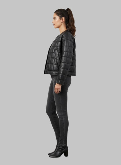 Women Black Quilted Leather Jacket – Short Crop Style Lightweight Outerwear