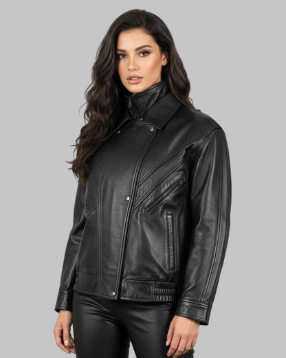 Women’s Handmade Full-Grain Leather Moto Bomber Jacket – Classic Black Coat