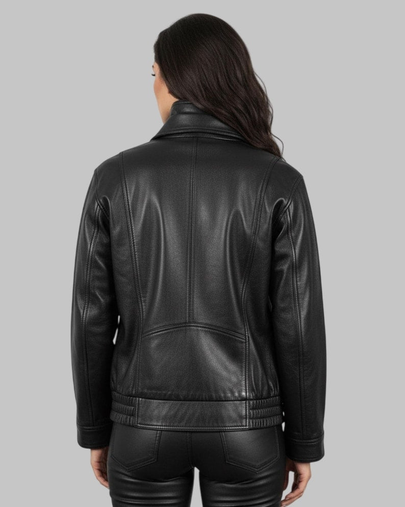 Women’s Handmade Full-Grain Leather Moto Bomber Jacket – Classic Black Coat
