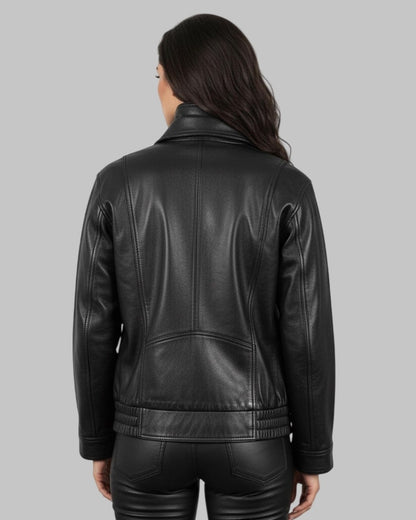 Women’s Handmade Full-Grain Leather Moto Bomber Jacket – Classic Black Coat