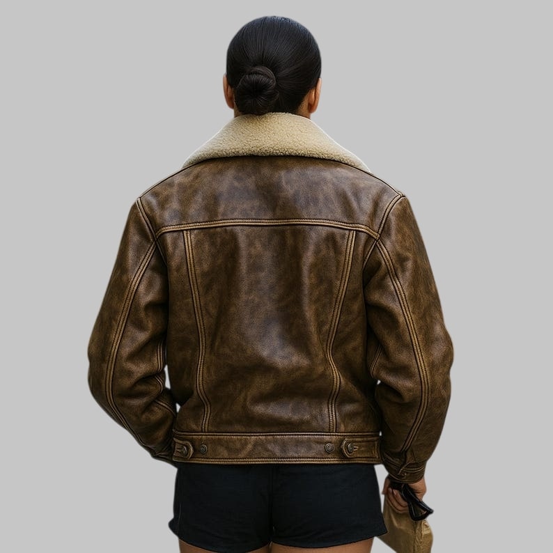 Vintage Brown Leather Trucker Jacket with Shearling Collar Oversized 70s Boho Coat for Women