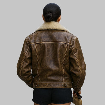 Vintage Brown Leather Trucker Jacket with Shearling Collar Oversized 70s Boho Coat for Women