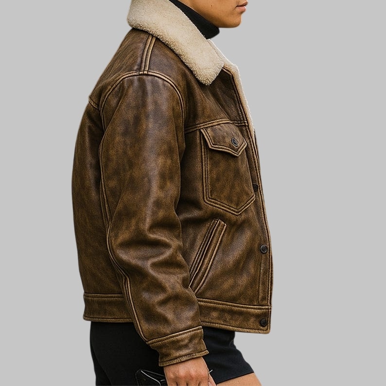 Vintage Brown Leather Trucker Jacket with Shearling Collar Oversized 70s Boho Coat for Women