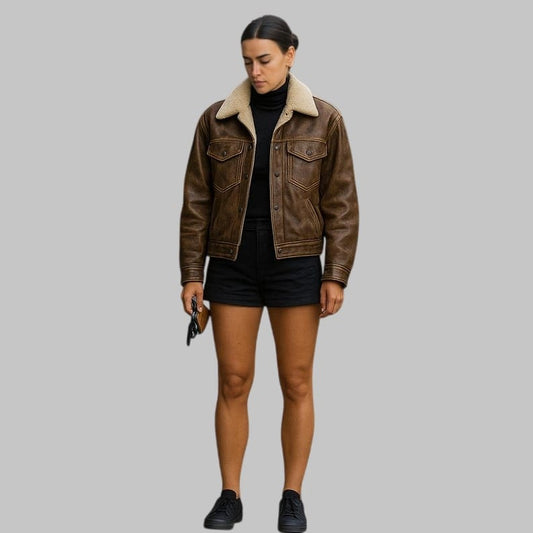 Vintage Brown Leather Trucker Jacket with Shearling Collar Oversized 70s Boho Coat for Women