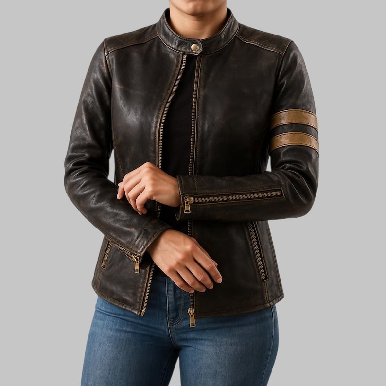 Vintage Distressed Biker Leather Jacket for Women Handmade Pure Leather with Brass Zippers