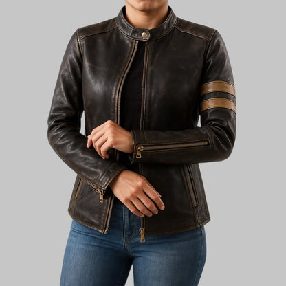 Vintage Distressed Biker Leather Jacket for Women Handmade Pure Leather with Brass Zippers