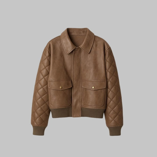 Men Pure Leather Brown Bomber Jacket Quilted Aviator Coat