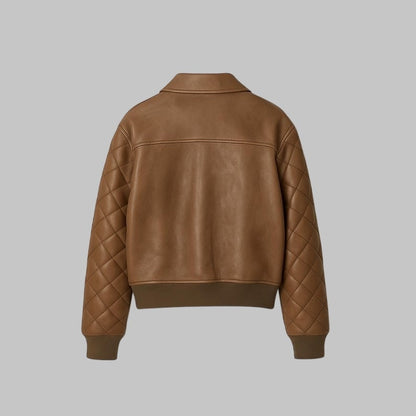 Men Pure Leather Brown Bomber Jacket Quilted Aviator Coat