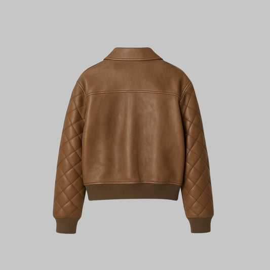Men Pure Leather Brown Bomber Jacket Quilted Aviator Coat