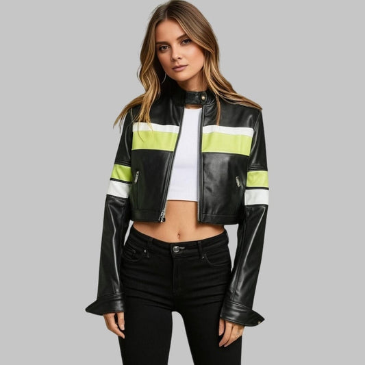 Modern Cropped Black Leather Jacket with Lime Cream Accents