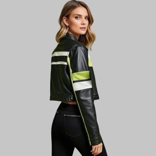 Modern Cropped Black Leather Jacket with Lime Cream Accents