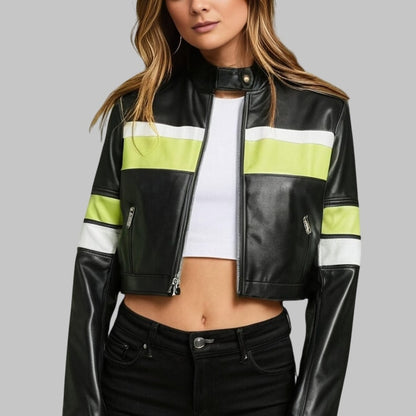 Modern Cropped Black Leather Jacket with Lime Cream Accents