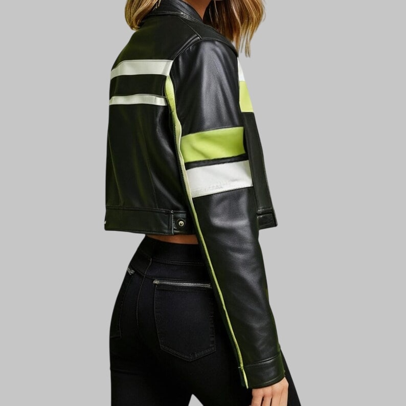 Modern Cropped Black Leather Jacket with Lime Cream Accents