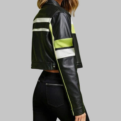 Modern Cropped Black Leather Jacket with Lime Cream Accents