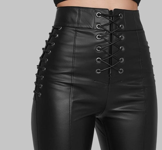 Lace Up Lambskin Leather Pants High Waist Skinny Fit