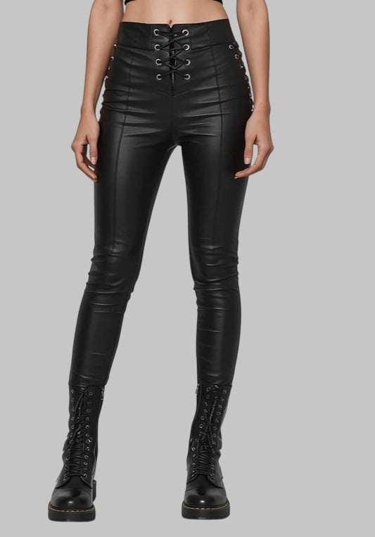 Lace Up Lambskin Leather Pants High Waist Skinny Fit