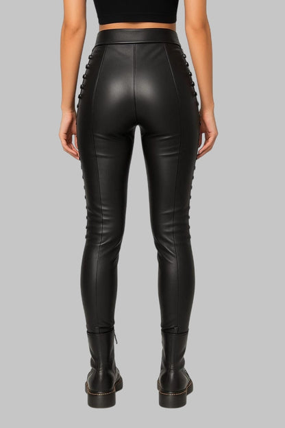 Lace Up Lambskin Leather Pants High Waist Skinny Fit