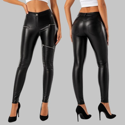 High Waist Lambskin Leather Moto Leggings Black Skinny Trousers