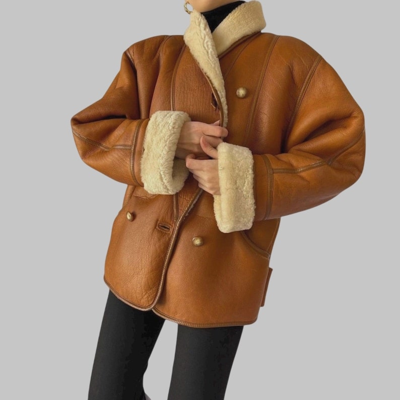 Vintage 80s Sheepskin Shearling Coat Oversized Genuine Leather Trench Retro Winter Outerwear