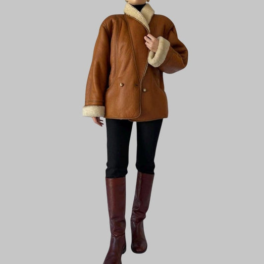 Vintage 80s Sheepskin Shearling Coat Oversized Genuine Leather Trench Retro Winter Outerwear
