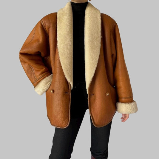Vintage 80s Sheepskin Shearling Coat Oversized Genuine Leather Trench Retro Winter Outerwear