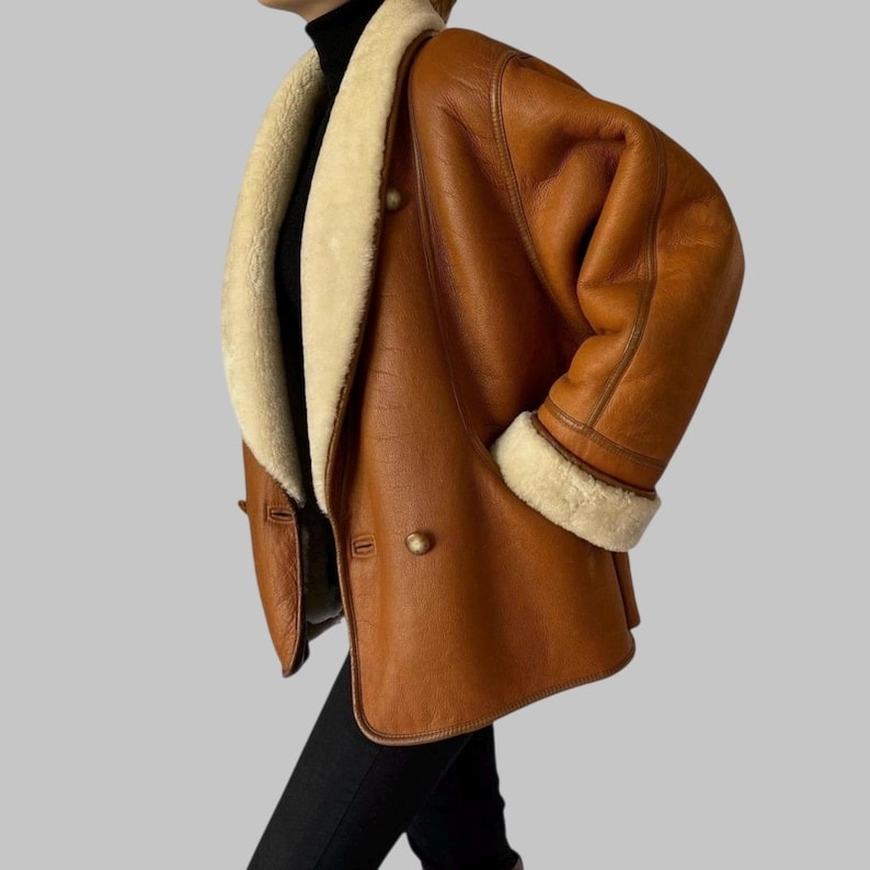 Vintage 80s Sheepskin Shearling Coat Oversized Genuine Leather Trench Retro Winter Outerwear