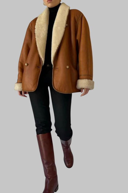 Vintage 80s Sheepskin Shearling Coat Oversized Genuine Leather Trench Retro Winter Outerwear