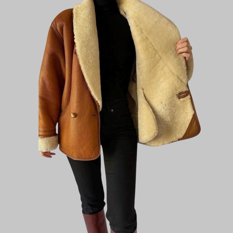 Vintage 80s Sheepskin Shearling Coat Oversized Genuine Leather Trench Retro Winter Outerwear