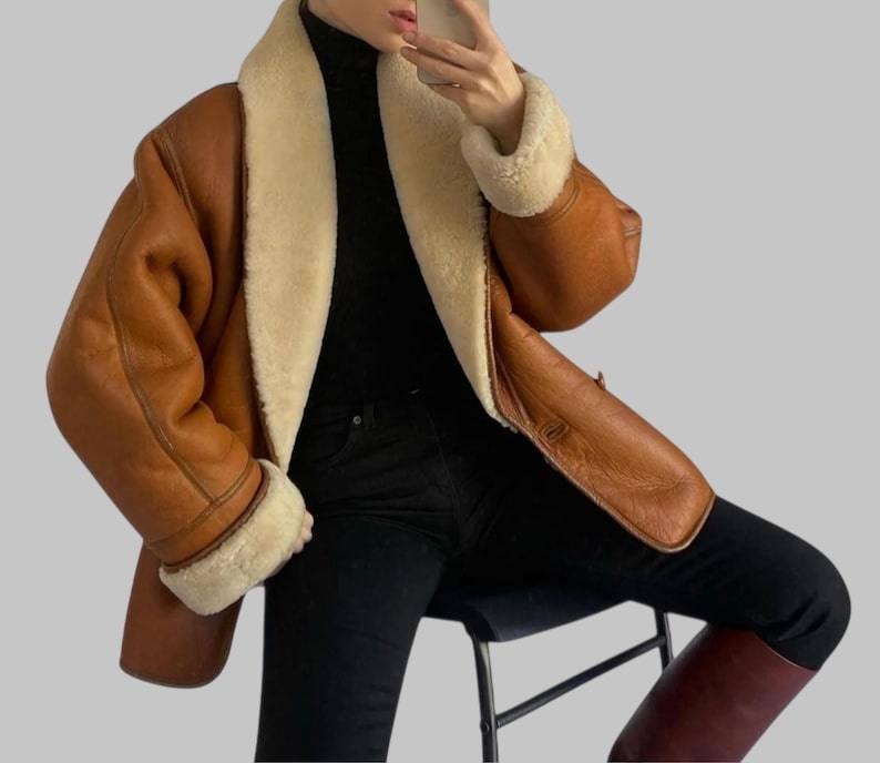 Vintage 80s Sheepskin Shearling Coat Oversized Genuine Leather Trench Retro Winter Outerwear
