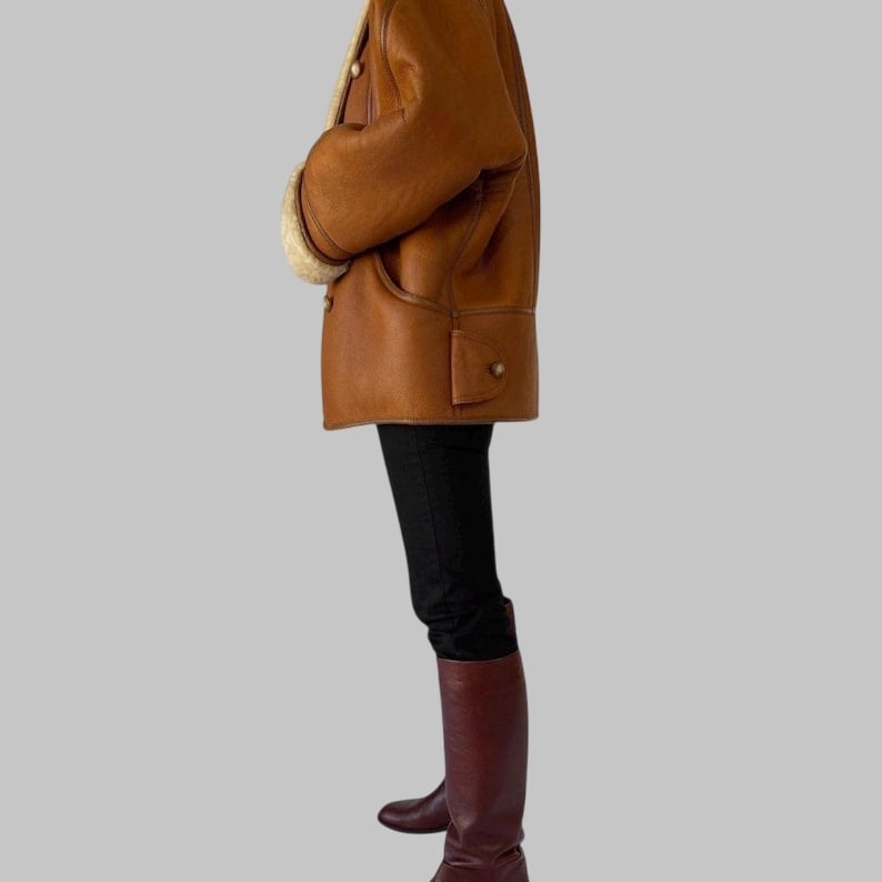 Vintage 80s Sheepskin Shearling Coat Oversized Genuine Leather Trench Retro Winter Outerwear