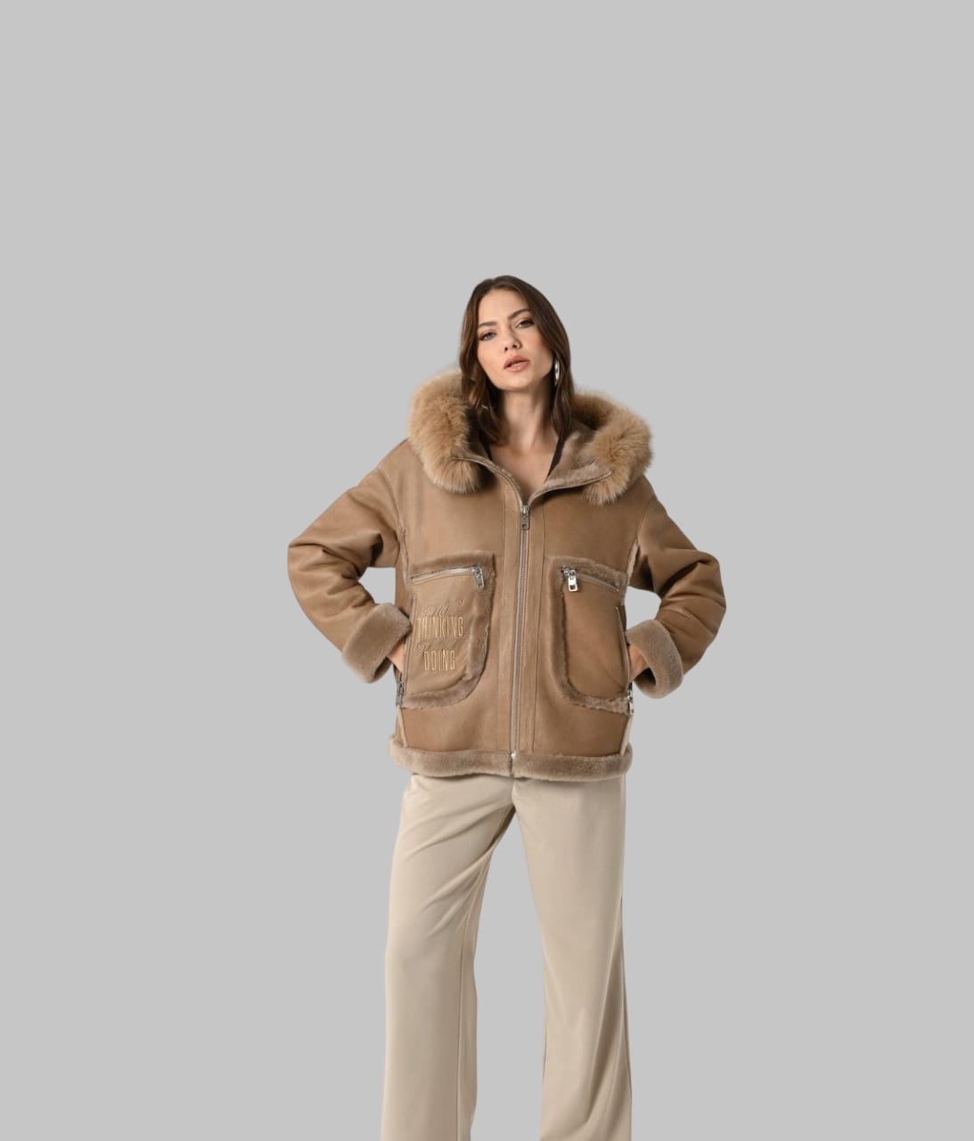 Camel Leather Hooded Jacket Genuine Lambskin with Fox Fur Trim Handmade Winter Coat for Women