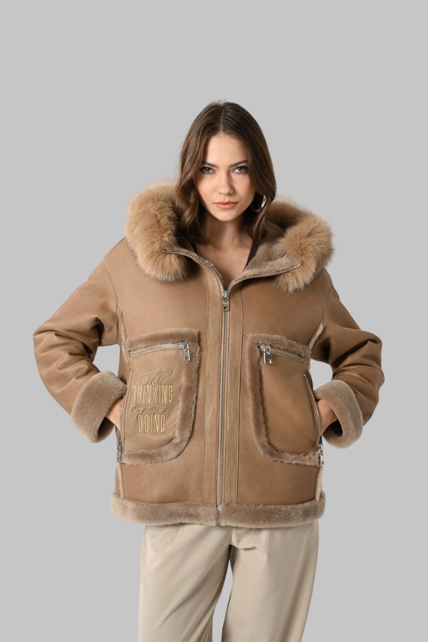 Camel Leather Hooded Jacket Genuine Lambskin with Fox Fur Trim Handmade Winter Coat for Women
