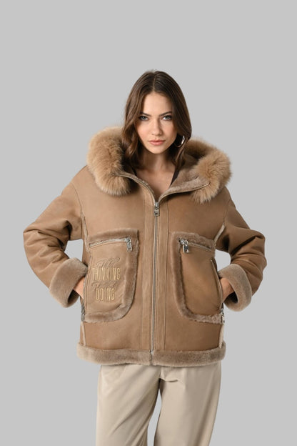 Camel Leather Hooded Jacket Genuine Lambskin with Fox Fur Trim Handmade Winter Coat for Women