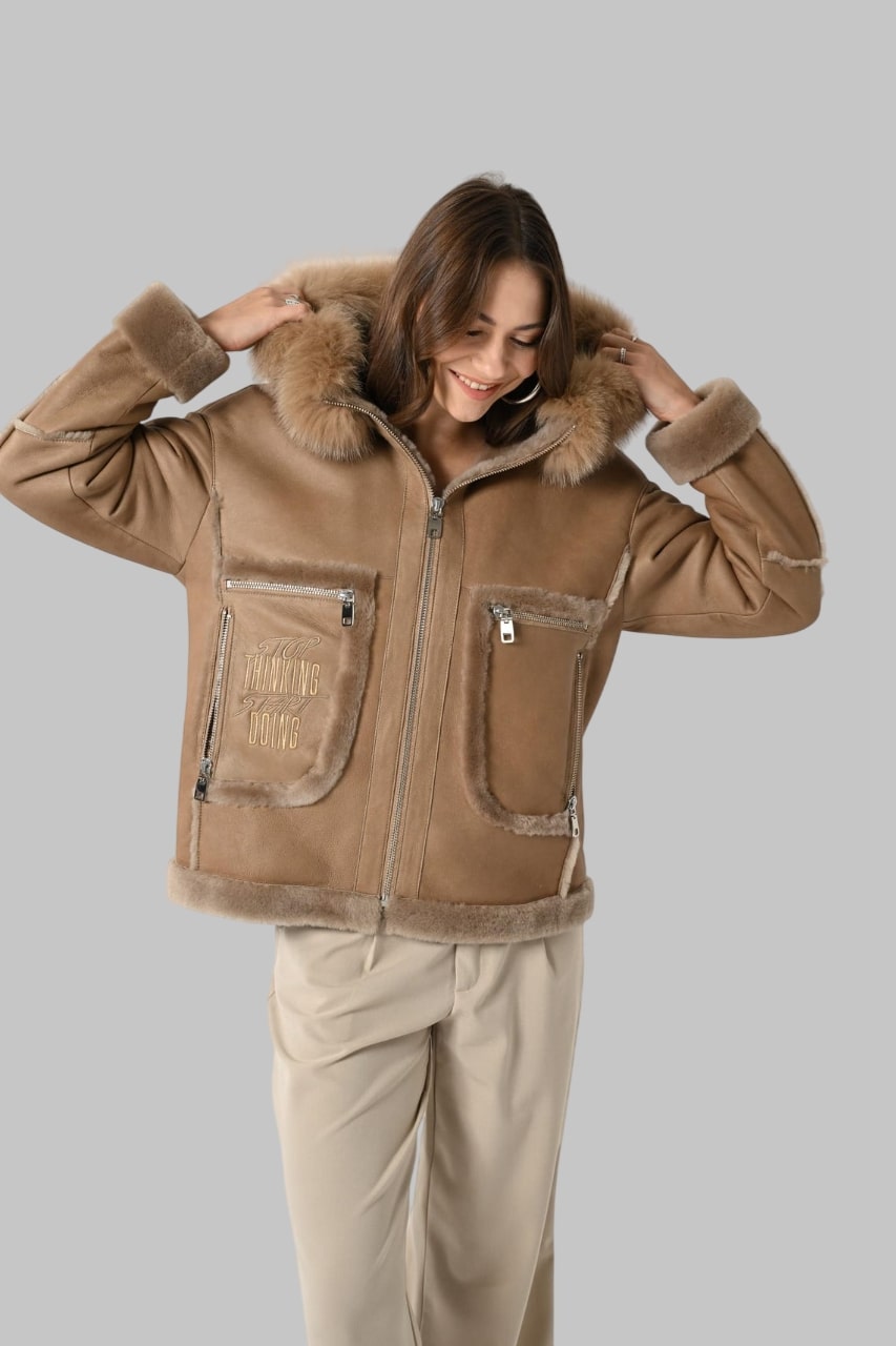 Camel Leather Hooded Jacket Genuine Lambskin with Fox Fur Trim Handmade Winter Coat for Women