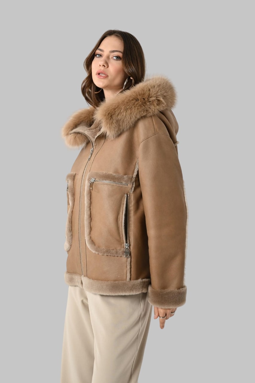 Camel Leather Hooded Jacket Genuine Lambskin with Fox Fur Trim Handmade Winter Coat for Women