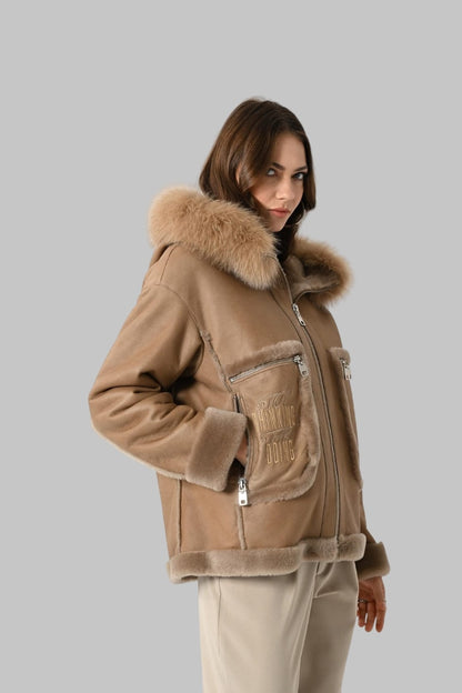 Camel Leather Hooded Jacket Genuine Lambskin with Fox Fur Trim Handmade Winter Coat for Women